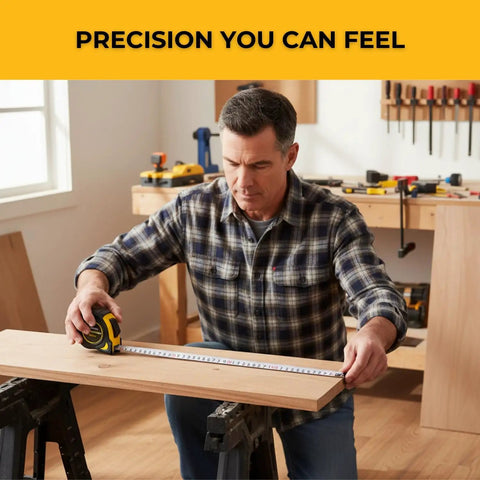 Man using Auto Lock Pro Carpenter Tape Measure With Push Button Release For Quick Tape Eject 16 Foot Tape Standard And Metric Compact Casing Pencil Sharpener Heavy Duty Belt Clip Built Tough And Ready on wood board in workshop