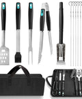 Backyard BBQ Essential 5 Piece Grill Tools Set With Heavy Duty Wire Brush Spatula Fork Tongs And Basting Brush in black bag
