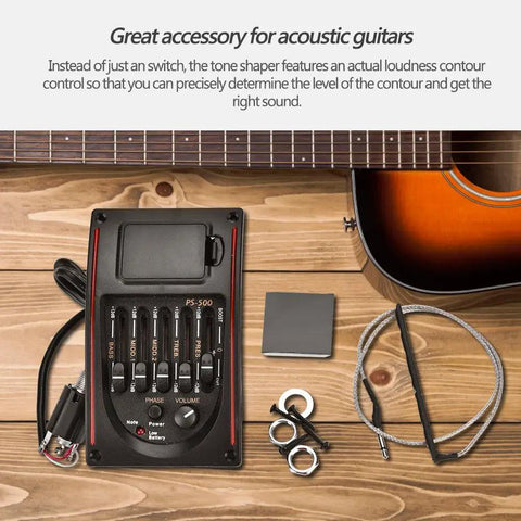 Acoustic Guitar Preamp With Piezo Pickup, 5 Band EQ, Digital Tuner, Onboard Volume, And Loudness Contour For Clear Stage Ready Tone displayed on wooden surface