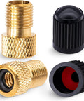 Brass Presta To Schrader Valve Adapter For Bikes Converting Presta To Schrader Lets You Inflate Your Bike Tires With Any Standard Pump Or Air Compressor Includes 2 Black Reticulated Tire Valve Caps, showing details of adapter and caps.