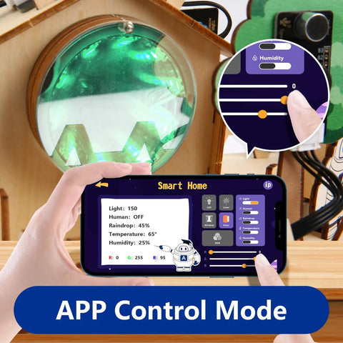 ESP32 Smart Home IoT Starter Kit with app control on smartphone interface for teens and makers, Arduino IDE compatible hands-on learning.