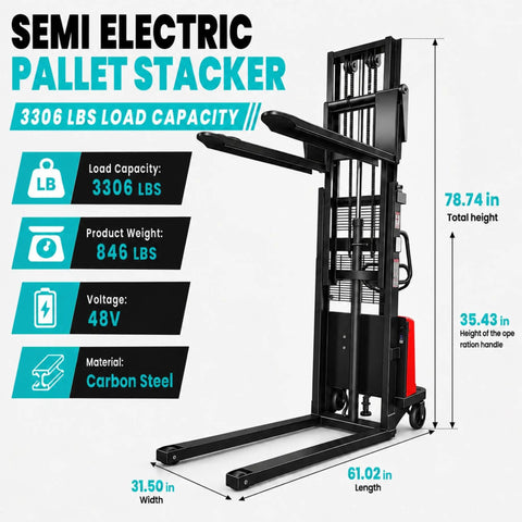 Heavy Duty Semi Electric Pallet Stacker Boasting 3,306 Lbs Capacity And Nearly Eight Feet Lift Height For Smooth Forklift Work In Your Warehouse, with 78.74 in height.