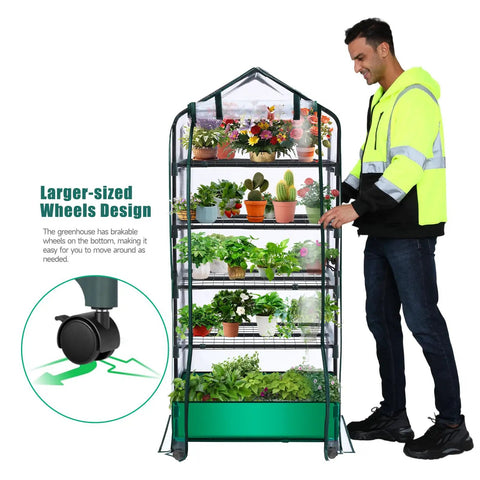 Five-Tier Rolling Greenhouse For Indoor And Outdoor Use With PVC Cover, Adjustable Shelves, Waterproof Mat, Cover Tape And Easy Roll Wheels, A Portable Seedling Grow Tent That Makes Gardening Easy For Everyone