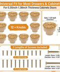Image showing Boho Rattan Dresser Knobs Set with 12 woven knobs, dimensions included, and 24 screws in assorted sizes for easy installation.