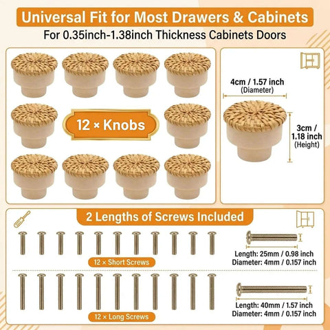 Image showing Boho Rattan Dresser Knobs Set with 12 woven knobs, dimensions included, and 24 screws in assorted sizes for easy installation.