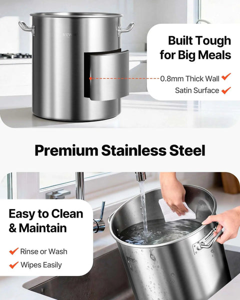 42 Quart Stainless Steel Stock Pot With Strainer, Lid And Handles, Heavy Duty Commercial Grade, Sanded Finish, in kitchen sink