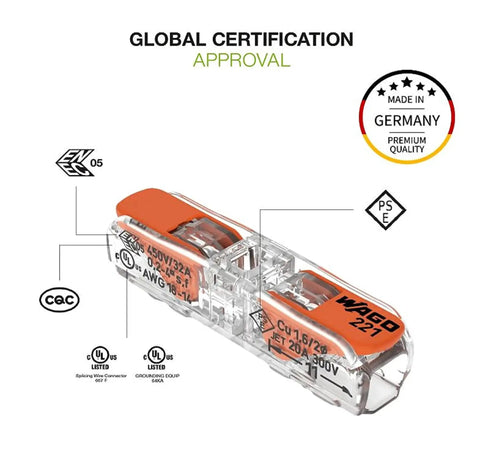 DIY Friendly Lever Nut Inline Wire Connectors 221 Series 87-Piece Case Set with global certification logos and clear body