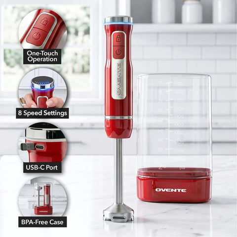 Rechargeable Cordless Hand Blender With 8 Speeds Red HR781R Portable USB C Kitchen Tool For Creamy Smoothies Warm Soups.