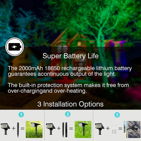 Outdoor Solar RGB Spotlight 4 Pack Color Changing LED Landscape Lights with installation options and battery features.