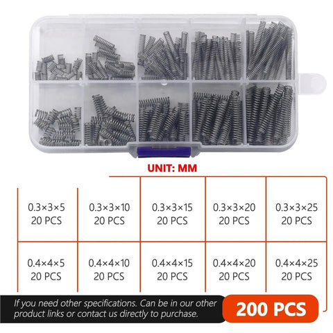 Mini 304 Stainless Steel Compression Springs Kit 0.3-0.4mm, 600 Pieces in assorted sizes, clear box compartment view