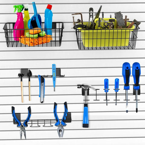 Slatwall Organizer Kit With Hooks Shelves Bins And Baskets Plus Screwdriver Holder For Garage And Room Storage 40 Piece Wall Mounted Setup For Easy Flexible Organization In Garage Or Workshop showing various tools and cleaning supplies organized.