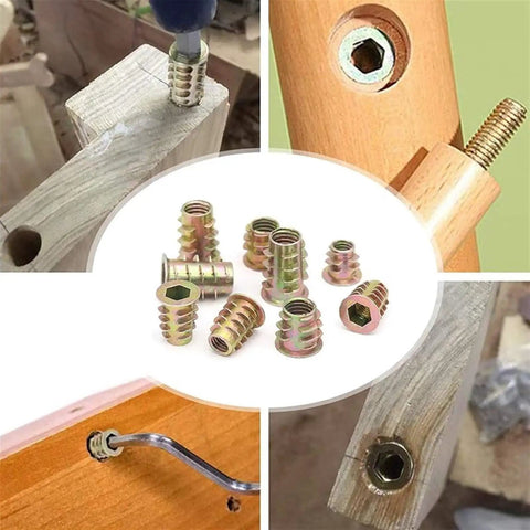 Heavy Duty Zinc Plated Hex Socket Cup Nuts For Wood And Drywall M6 M8 M10 Threaded Inserts shown in use with wood and tools.