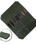 Waxed Canvas Roll Bag With 8 Slots For Knives Up To 17 Inches, Portable Cutlery Carrier for chefs, army green with tools visible