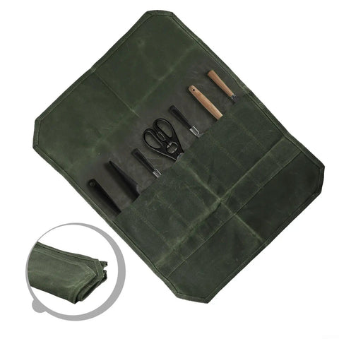 Waxed Canvas Roll Bag With 8 Slots For Knives Up To 17 Inches, Portable Cutlery Carrier for chefs, army green with tools visible