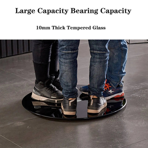 Ultra Large Tempered Glass Lazy Susan Turntable supports weight, showing people standing on black rotating serving tray