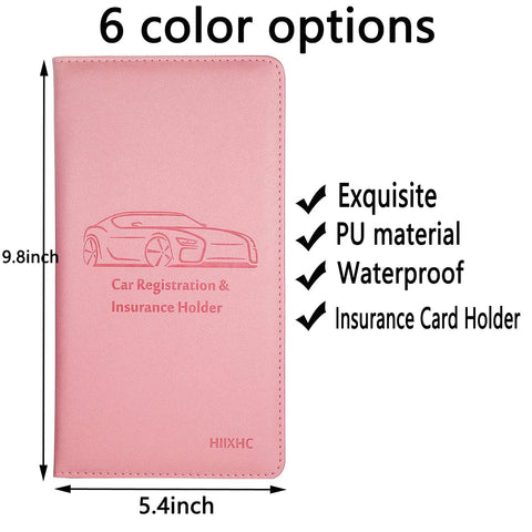 Premium Leather Car Document Wallet With Clear Window Pockets For Registration Insurance And Id Cards Nifty Glove Box Stash 5.4 x 9.8 inches in pink color.