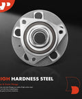 Close-up of a high hardness steel two front and rear wheel bearing and hub assemblies with bolts 5-lug compatible with Chevrolet GMC Buick Cadillac Saab models including Equinox Malibu Impala Terrain LaCrosse Regal Allure CTS 9-5.
