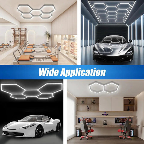 Hexagon LED Garage Light 192W 19200LM 5 Grid Honeycomb Ceiling Fixture 6500K Daylight installed in various settings