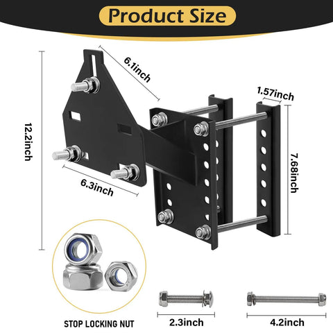 Spare Tire Carrier For Boat Trailer Mount Fits Most 4, 5, And 6 Lug Wheels with hardware and dimensions displayed