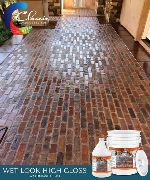 Top Shelf Water Based Concrete Sealer Yields A Deep Wet Look Sheen On Driveways Patios And Block Walls shows sealed decorative brick pathway.