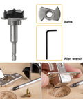 Pro Grade Hole Opener Drill Jig Kit With Rugged Alloy Bits That Yields Butter Smooth Cuts Straight Out Of Your Power Drill Zero Chipping Guaranteed For Cabinetry Furniture Builds, featuring a carbide cutting bit, baffle, and Allen wrench.