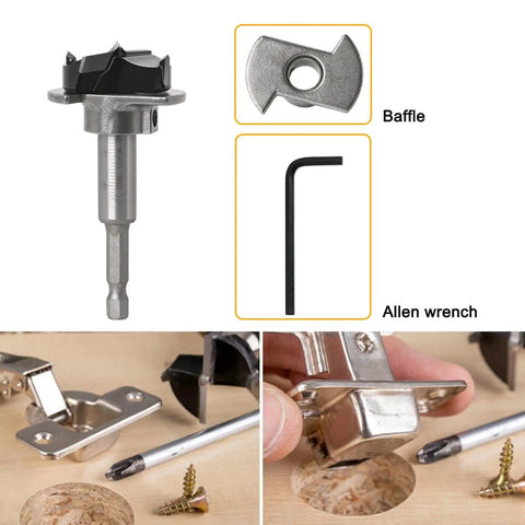 Pro Grade Hole Opener Drill Jig Kit With Rugged Alloy Bits That Yields Butter Smooth Cuts Straight Out Of Your Power Drill Zero Chipping Guaranteed For Cabinetry Furniture Builds, featuring a carbide cutting bit, baffle, and Allen wrench.