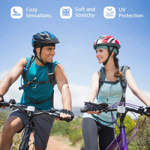 Two cyclists wearing helmets on a sunny day, showcasing the Cooling Mesh Helmet Liner Beanie For Men And Women Sweat Wicking Skull Cap Under Helmets For Cycling Running And Workouts Breathable Gear To Fight Sweat Odor And Discomfort.