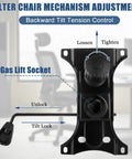 Diagram of Heavy Duty 660 Lbs Office Chair Base Replacement with Swivel Tilt Plate and adjustment features labeled.