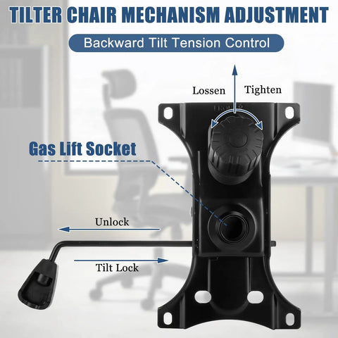 Diagram of Heavy Duty 660 Lbs Office Chair Base Replacement with Swivel Tilt Plate and adjustment features labeled.