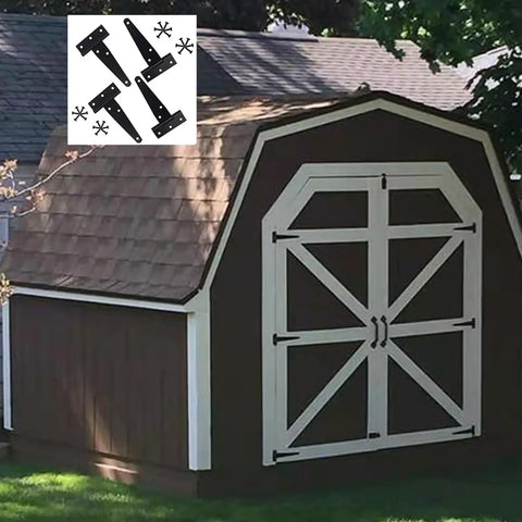 Four Pack Badass Heavy Duty T Strap Hinges Built Tough From Rustproof Wrought Iron With Classic Black Finish on a wooden shed door.