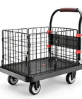 Heavy Duty Push Cart Dolly Platform Truck Flatbed With Foldable Fence And 882 Lb Capacity 5 Inch Silent TPR Wheels Your Warehouse Garage Office Hotel Workhorse For Daily Hauling, black steel frame