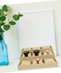 Top Linen Watch Tray With 9 Grids For Jewelry And Watch Storage displaying three watches in a khaki linen valet dish.