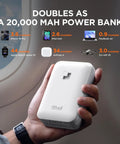 Person holding a white Litheli device used as a 20,000 mAh power bank on an airplane, showcasing various charging capabilities for devices.