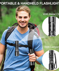 Man using Rechargeable Flashlight High Lumen Tactical LED Light With Memory Function Beefy Beam 6 Modes while hiking