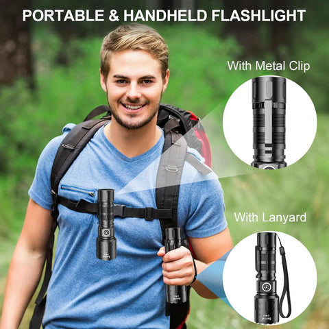 Man using Rechargeable Flashlight High Lumen Tactical LED Light With Memory Function Beefy Beam 6 Modes while hiking