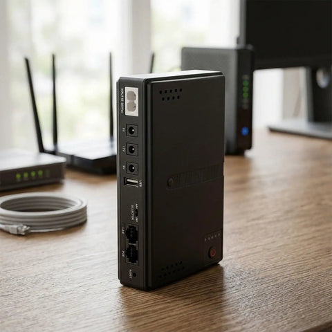 Premium Adjustable DC Ups Battery Backup For Home Routers Modems And Security Cameras With Smart Chip Management and Plug And Play Convenience For Zero Headache Setup side view showcasing connectors on a wooden desk.