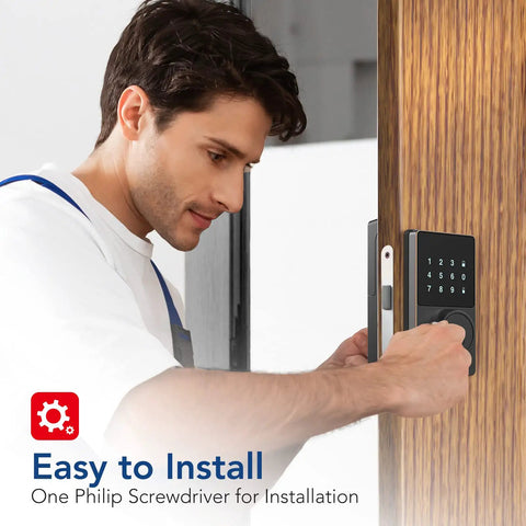 Person installing Bluetooth Smart Lock With Keyless Entry And Touchscreen Keypad on wooden door