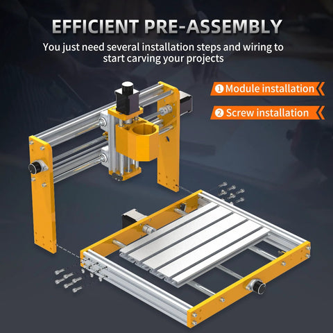 Front view of LUNYEE 3018 PRO MAX CNC router with all-metal frame and yellow gantry