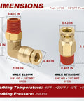 Dimensions of Push To Connect Air Line Fittings Kit 1 Quarter Inch Tube OD x 1 Eighth Inch NPT Brass showing male elbow and straight fittings