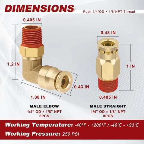 Dimensions of Push To Connect Air Line Fittings Kit 1 Quarter Inch Tube OD x 1 Eighth Inch NPT Brass showing male elbow and straight fittings