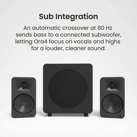 ORA4 Powered Bluetooth Desktop Speakers Pair Matte Black with subwoofer in desk setup