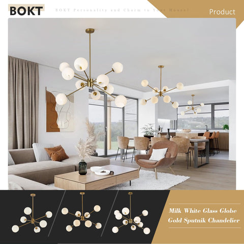 Living room with Six Light Modern Sputnik Chandelier Set With Milk Glass Globes For Kitchen Island Pendant Lighting in brushed brass finish.
