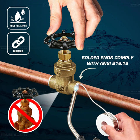 Heavy Duty 1/2 Inch Gate Valve With Sweat Connection In Cast Brass Lead Free Dezincification Resistant Corrosion Resistant Wheel Handle