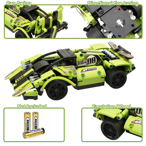 2-In-1 Remote Control Race Car And Off Road Truck Building Set For Kids shown as completed racecar model with snap-together blocks