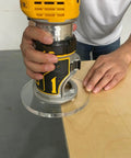 Legit 6 Inch Round Clear Acrylic Router Base Plate Upgrade Featuring Pre Drilled Alignment Holes For DWP611 DCW600B Compact Routers used on wood.