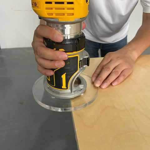 Legit 6 Inch Round Clear Acrylic Router Base Plate Upgrade Featuring Pre Drilled Alignment Holes For DWP611 DCW600B Compact Routers used on wood.