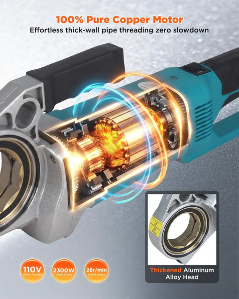 Upgraded 2300W Electric Pipe Threader With Pure Copper Motor And Aluminum Alloy Head, showing internal motor and thickened alloy head.
