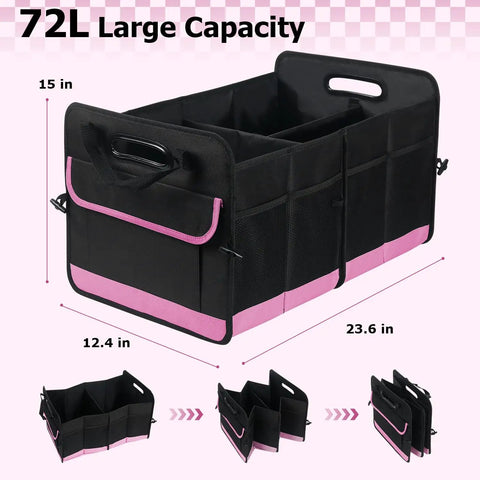 72L Trunk Organizer With Waterproof Design And Non Slip Bottom Strips, Large Capacity Auto Storage Box, Collapsible Cargo Organizer For SUV Truck And Sedan, Road Trip Ready Portable Car Accessory For Women And Men, Pink, showing black and pink design with dimensions labeled.