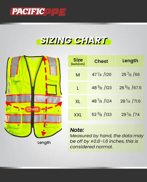 Sizing chart for Heavy Duty Class 2 High Visibility Reflective Safety Vest With Ten Pockets And Zipper Closure Lightweight Breathable Polyester Workwear