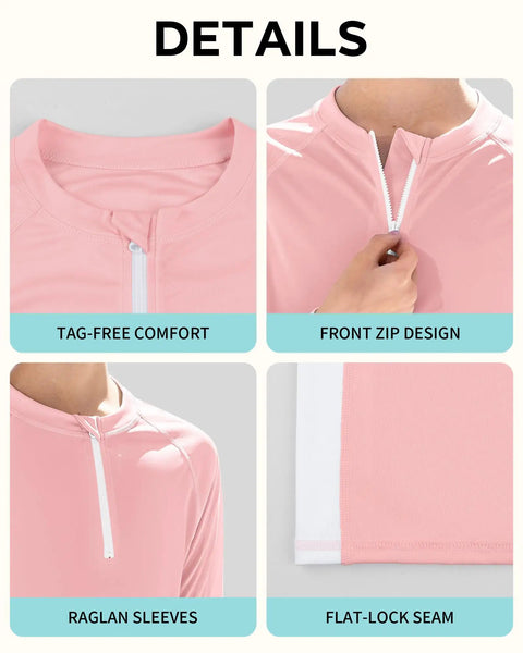 Details of Girls Rash Guard Zip Up Long Sleeve UPF 50 Plus Sun Protection Shirt Quick Dry Breathable Athletic Top in Pink White